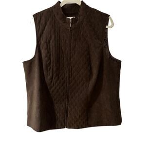 JM COLLECTION WOMAN Brown Suede Full Zip Quilted Look Vest Size 16W